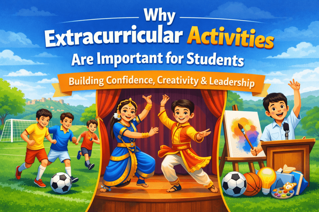 Students participating in extracurricular activities like sports, dance, art and public speaking at school