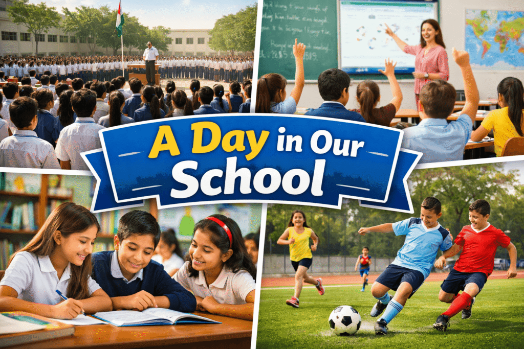 Students participating in morning assembly, classroom learning, group study and sports activities during a typical school day