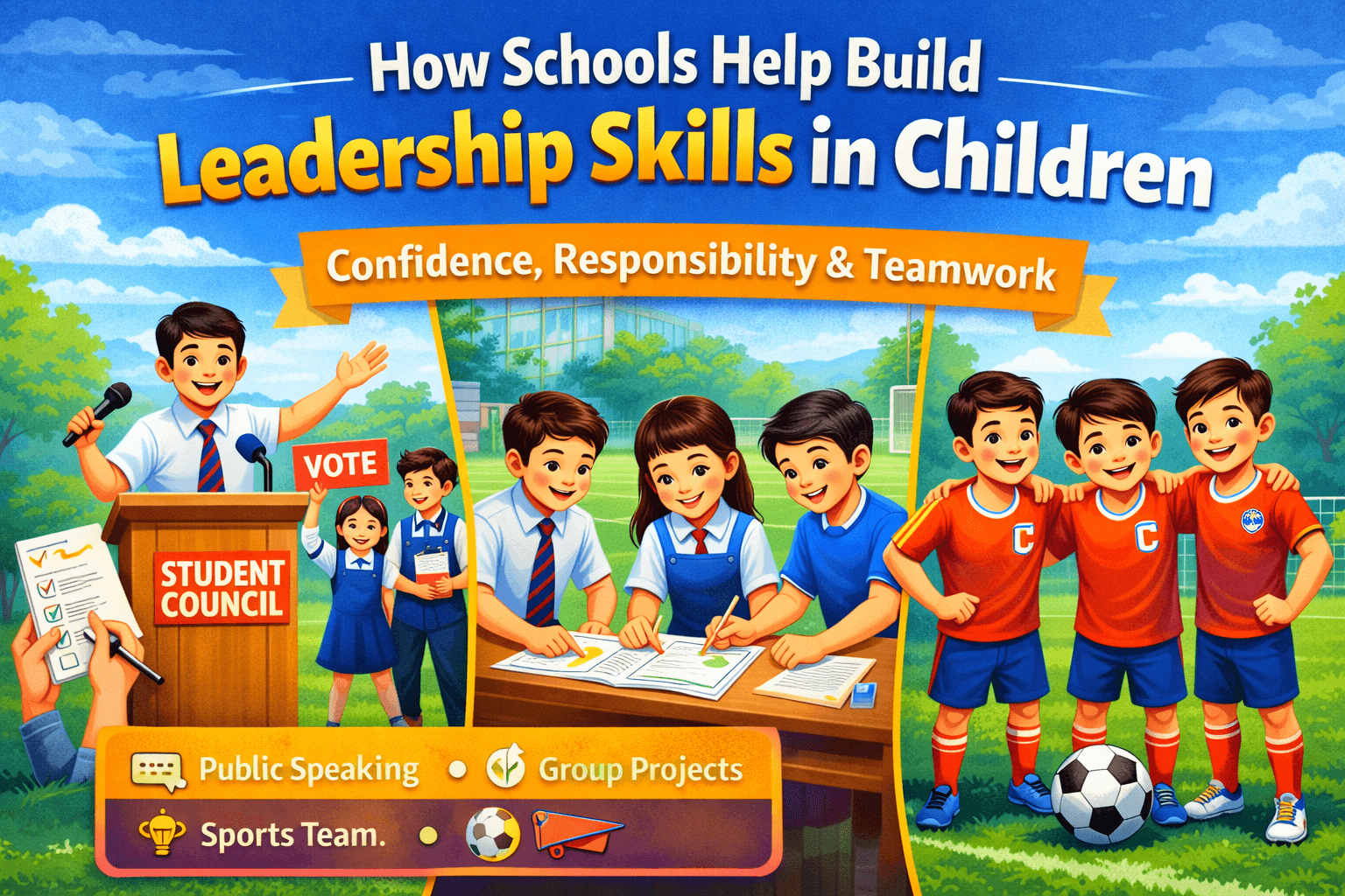 School students developing leadership skills through activities, teamwork and public speaking